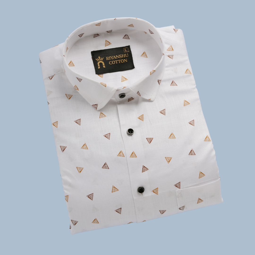 Flax Linen Cotton Gold Triangle Print Men Shirt