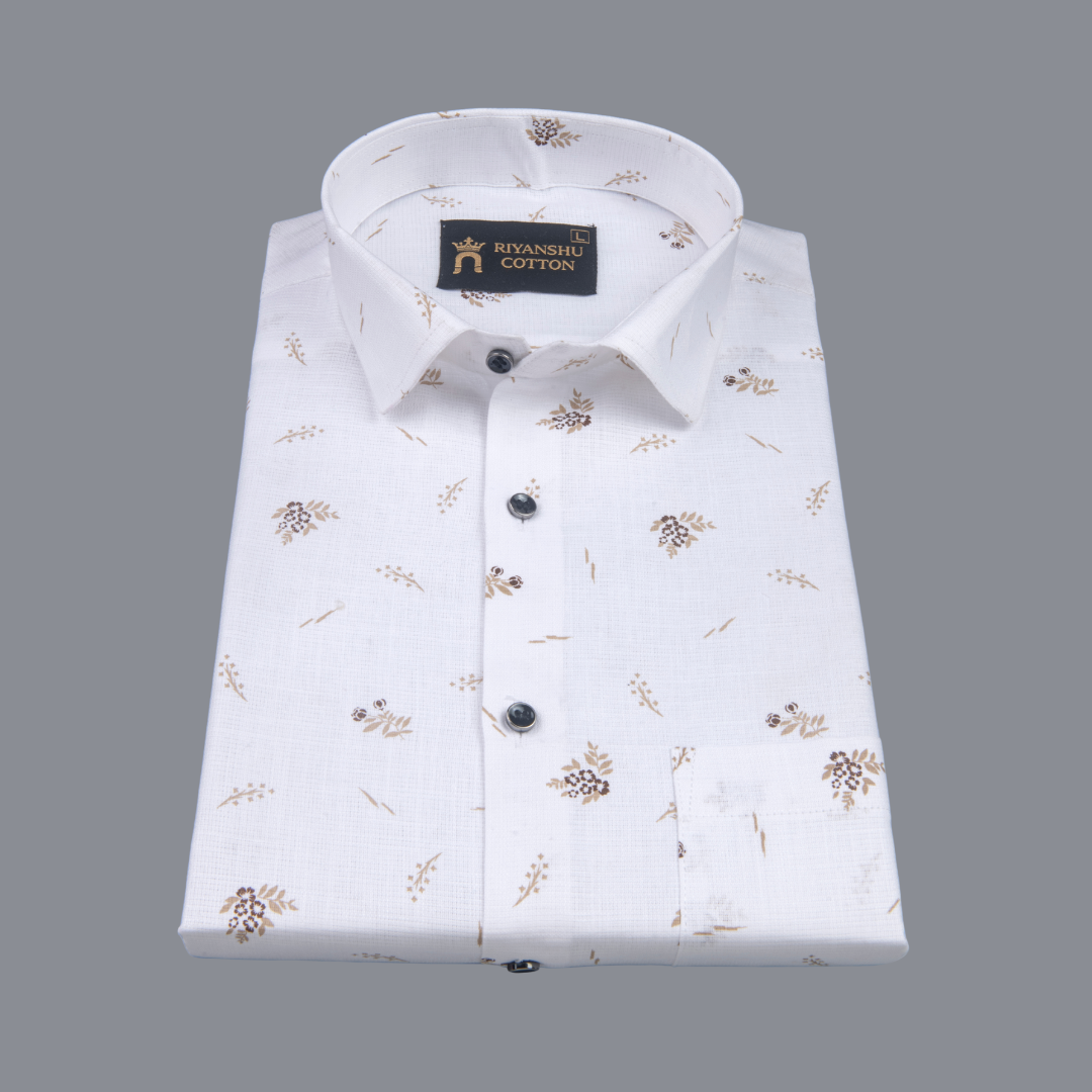Premium White Mini Floral Motif Print Men Shirt