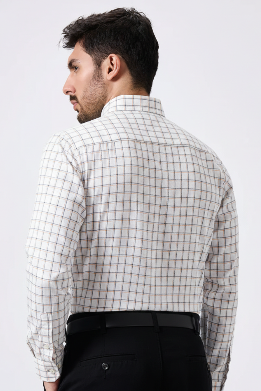 Flax Linen Cotton Navy & Rust Checks Men Shirt