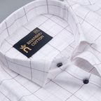 Cotton White Shirt with Wine & Beige Checks Men Shirt