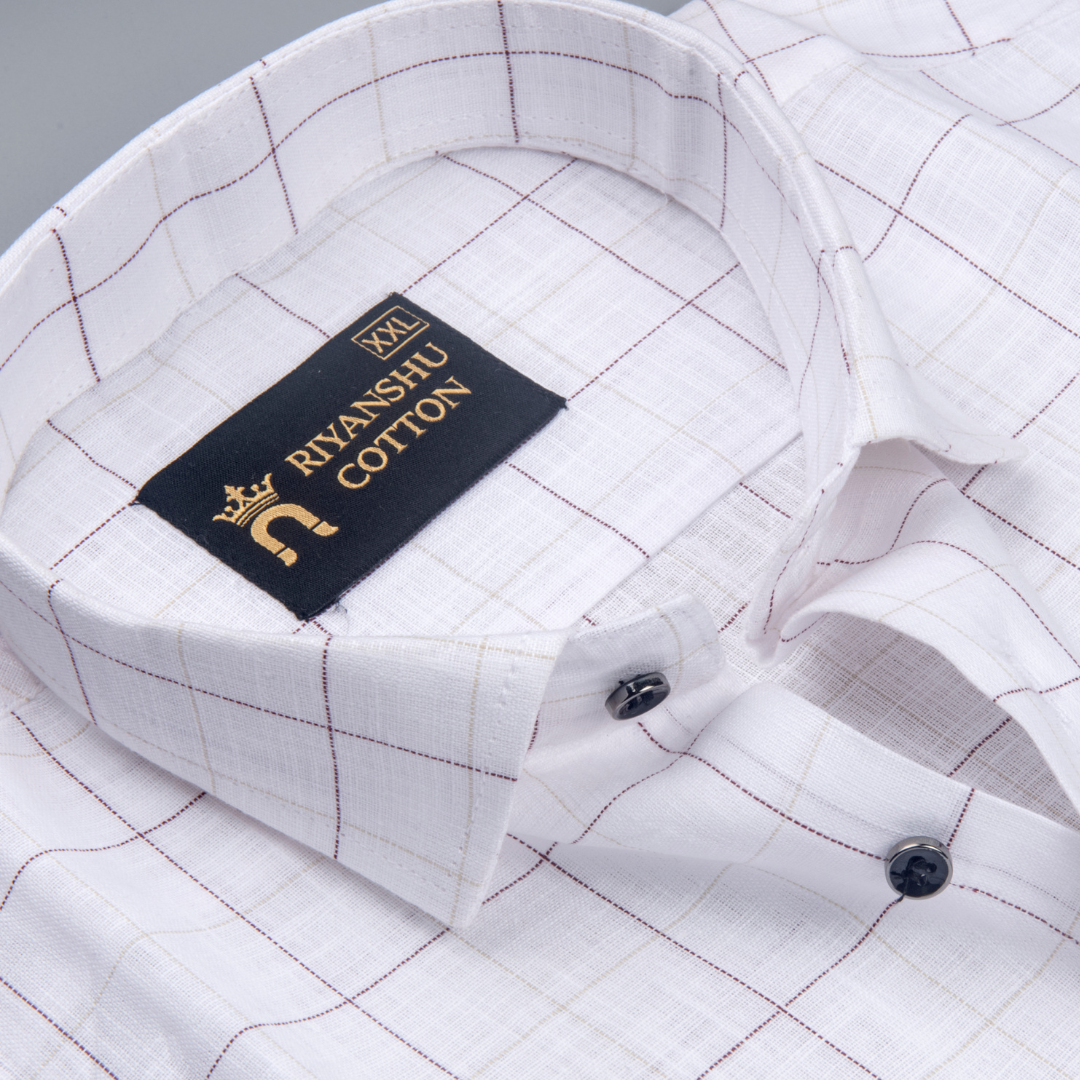 Cotton White Shirt with Wine & Beige Checks Men Shirt