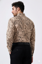 Cotton Cream Color Lining Brush Stroke Print Men Shirt