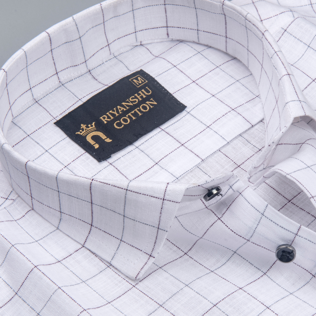 Cotton White Shirt with Wine & Grey Checks Men Shirt