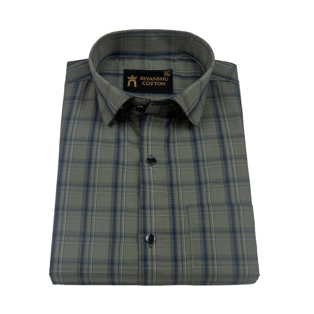 Flex Cotton Mehndi Green Color Classic Grid Check Men Shirt