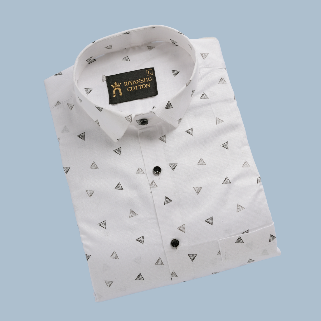 Flax Linen Cotton Gray Triangle Print Men Shirt