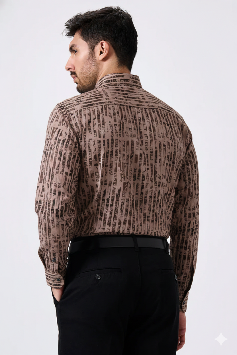 Cotton Brown Color Lining Brush Stroke Print Men Shirt