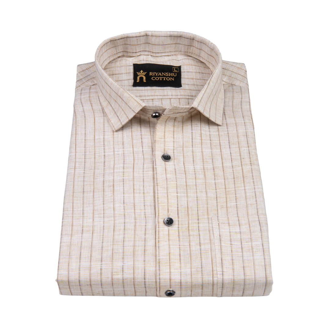 Flex Cotton Linen Beige Stripe Men Shirt