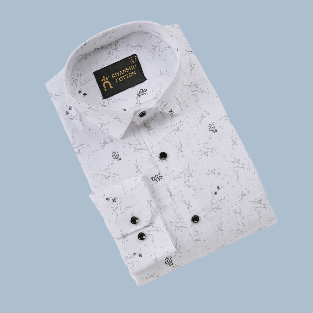 Flax Linen Cotton Micro Floral Gray Print Men Shirt