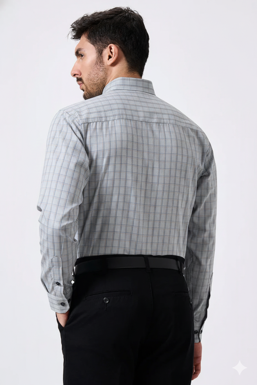 Flex Cotton Steel Gray Color Classic Grid Check Men Shirt