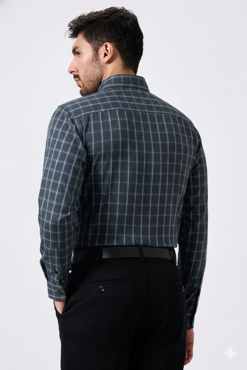 Flex Cotton Gray Color Classic Grid Check Men Shirt