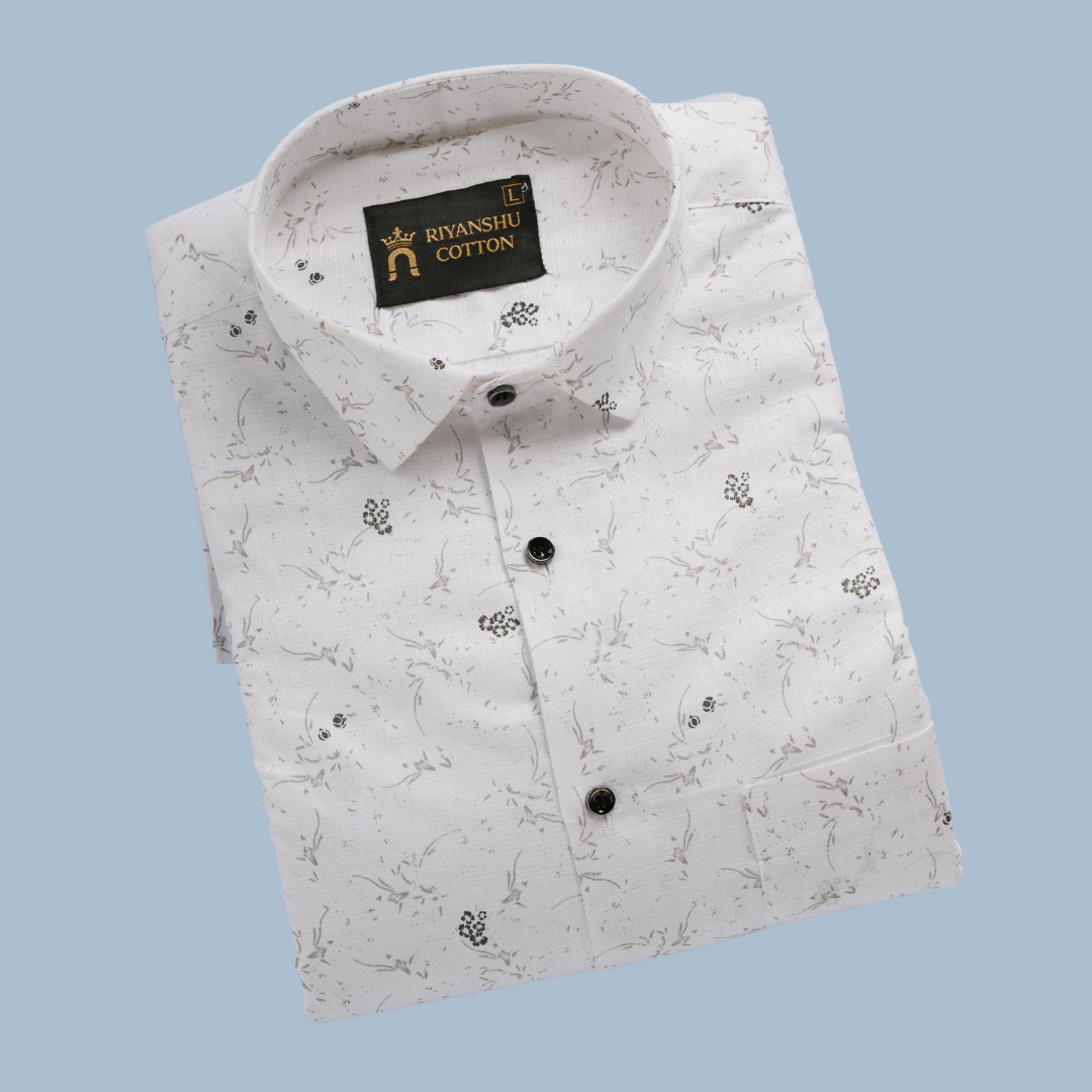 Flax Linen Cotton Micro Floral Gray Print Men Shirt