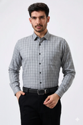 Flex Cotton Steel Gray Color Classic Grid Check Men Shirt