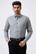 Flex Cotton Steel Gray Color Classic Grid Check Men Shirt