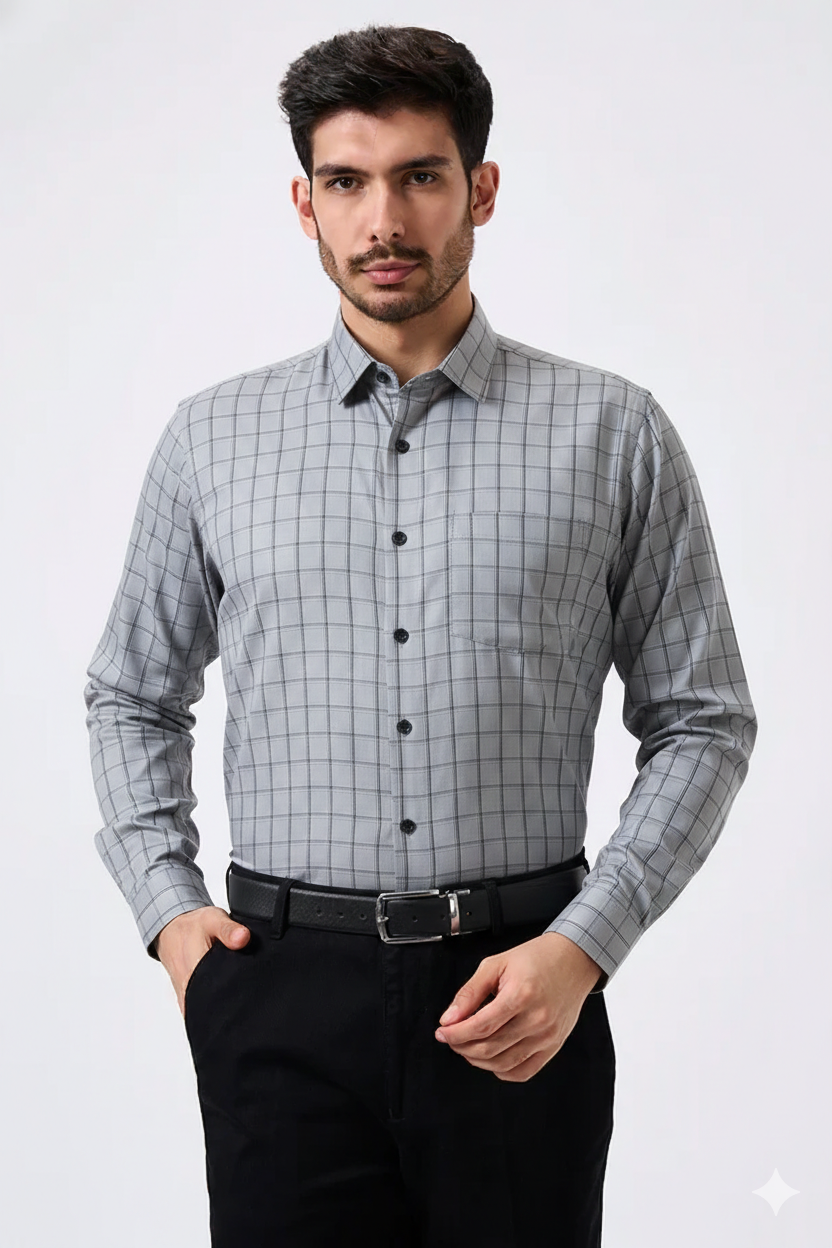 Flex Cotton Steel Gray Color Classic Grid Check Men Shirt