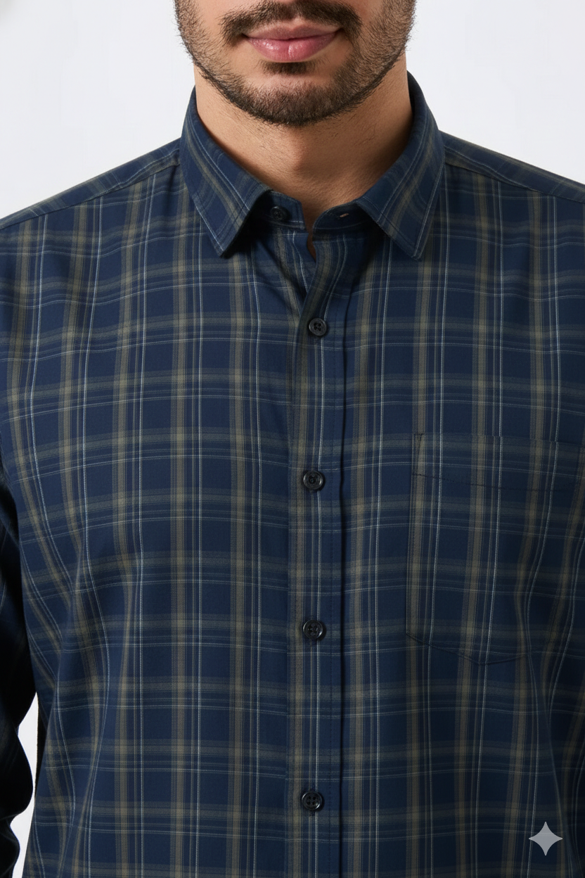 Flex Cotton Blue Color Classic Grid Check Men Shirt