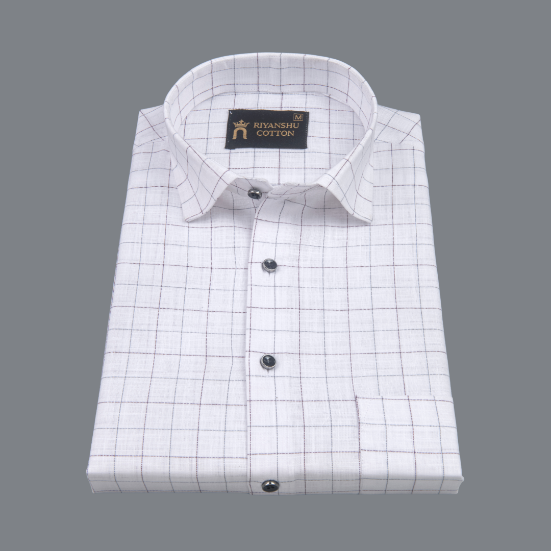 Cotton White Shirt with Wine & Grey Checks Men Shirt