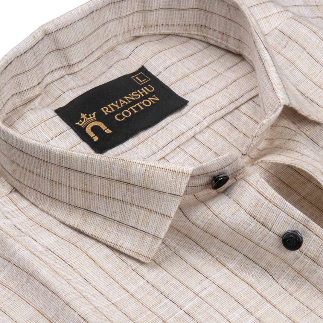 Flex Cotton Linen Beige Stripe Men Shirt