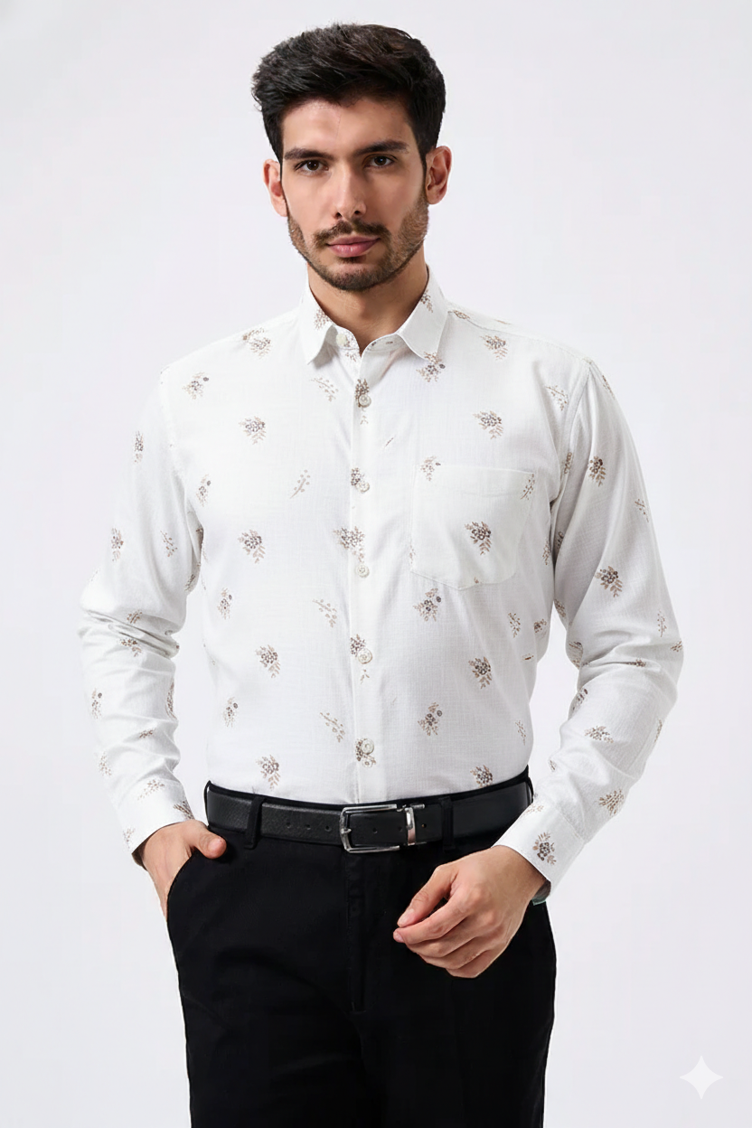 Flax Linen Cotton Micro Gold Floral Print Men Shirt