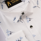 Flax Linen Cotton Blue leaf Print Men Shirt