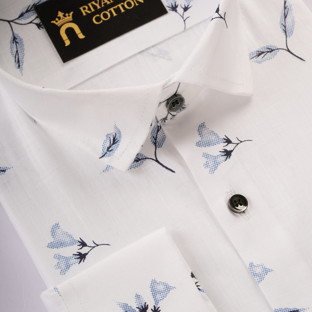 Flax Linen Cotton Blue leaf Print Men Shirt