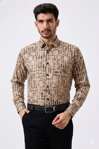 Cotton Cream Color Lining Brush Stroke Print Men Shirt