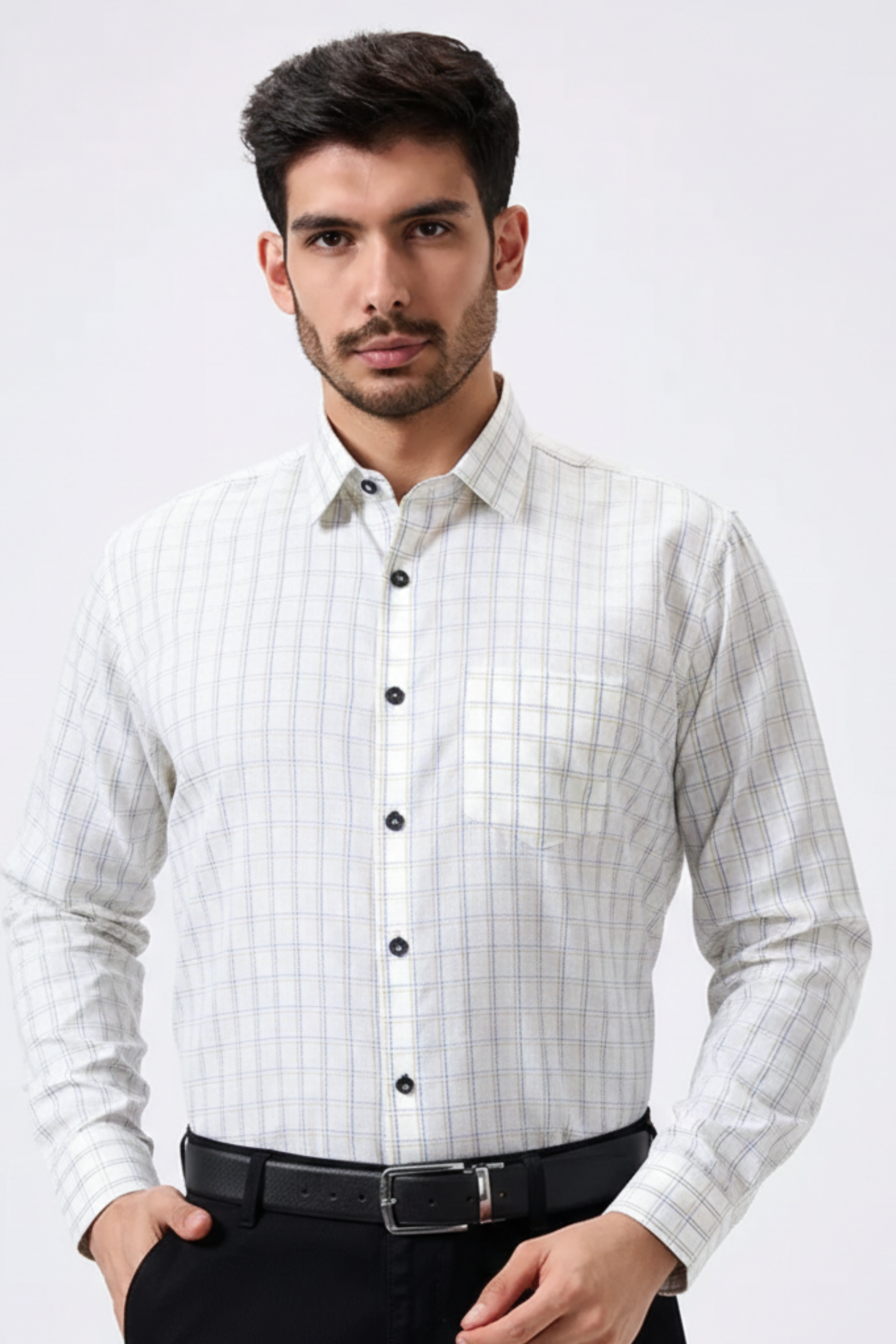 Flax Linen Cotton Green & Grey Lining Men Shirt