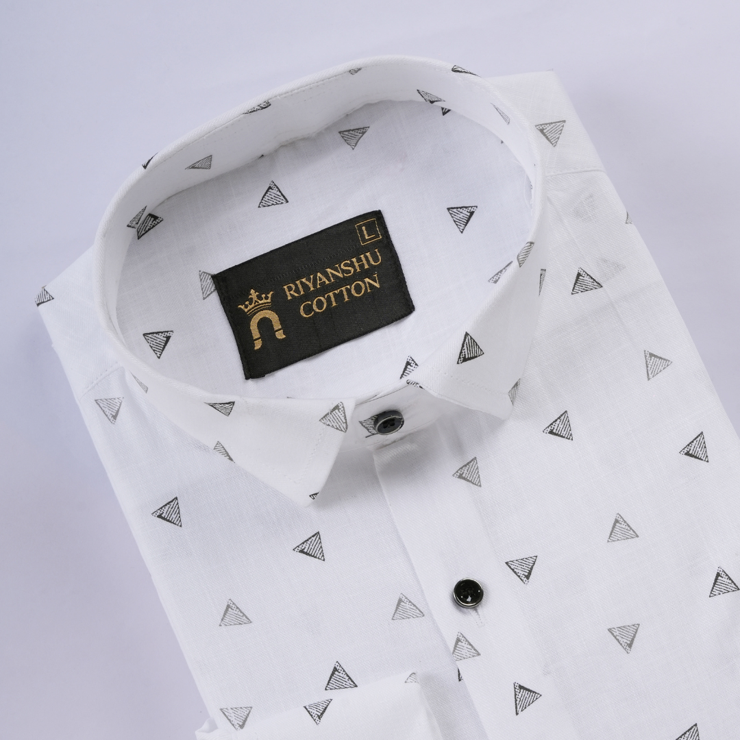 Flax Linen Cotton Gray Triangle Print Men Shirt