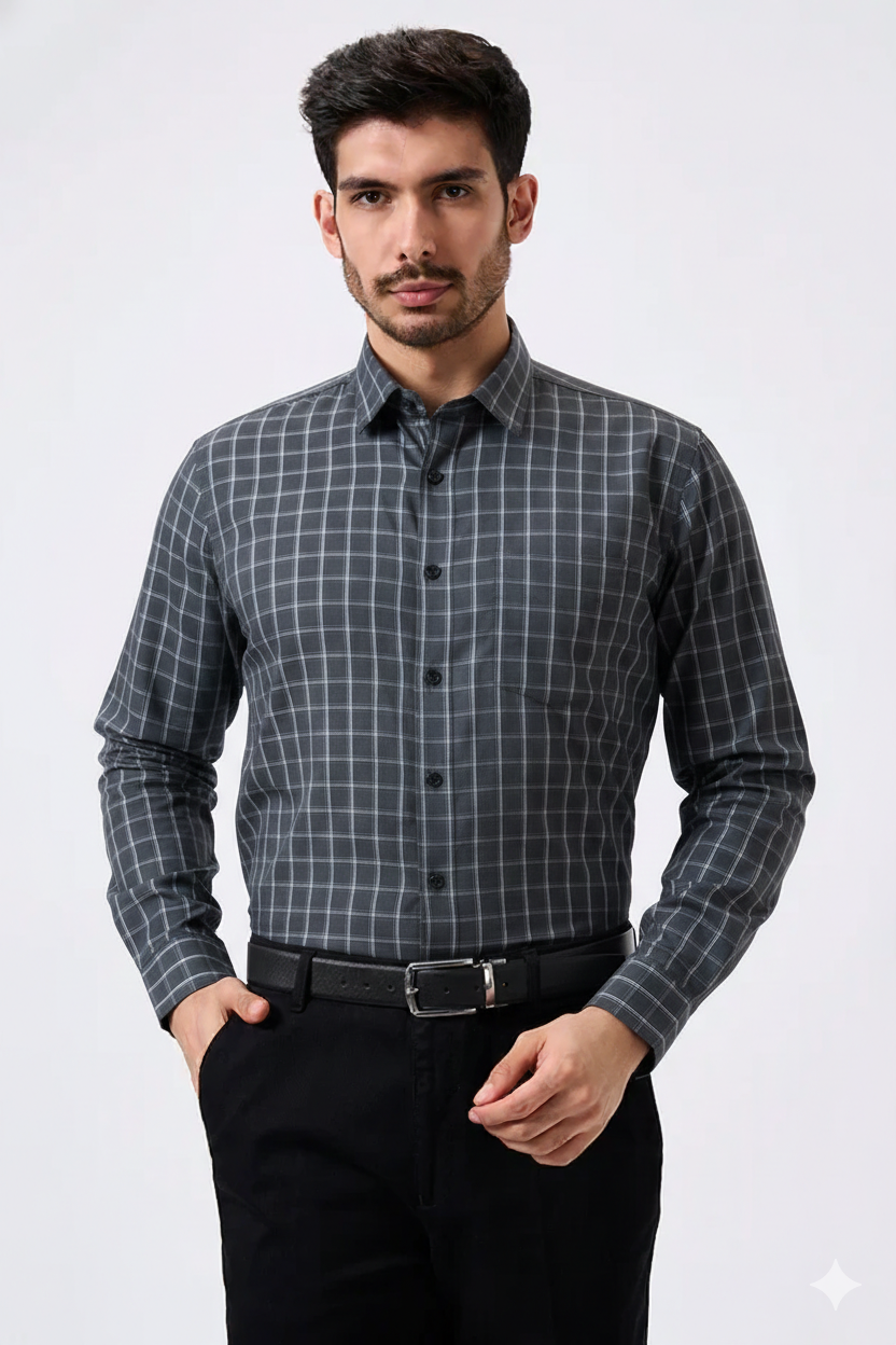 Flex Cotton Gray Color Classic Grid Check Men Shirt
