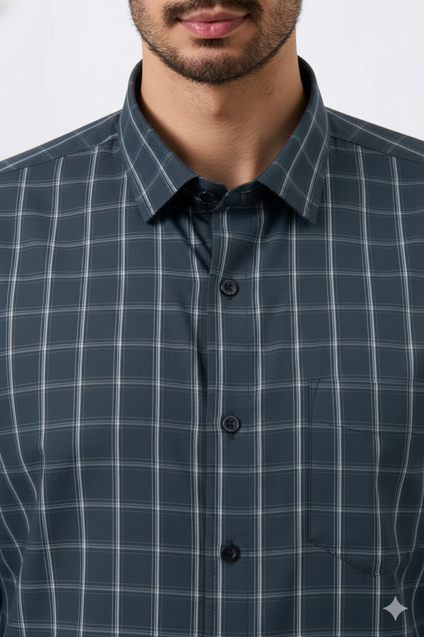 Flex Cotton Gray Color Classic Grid Check Men Shirt