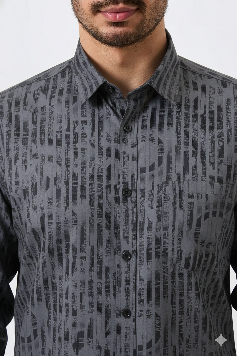 Cotton Gray Color Lining Brush Stroke Print Men Shirt