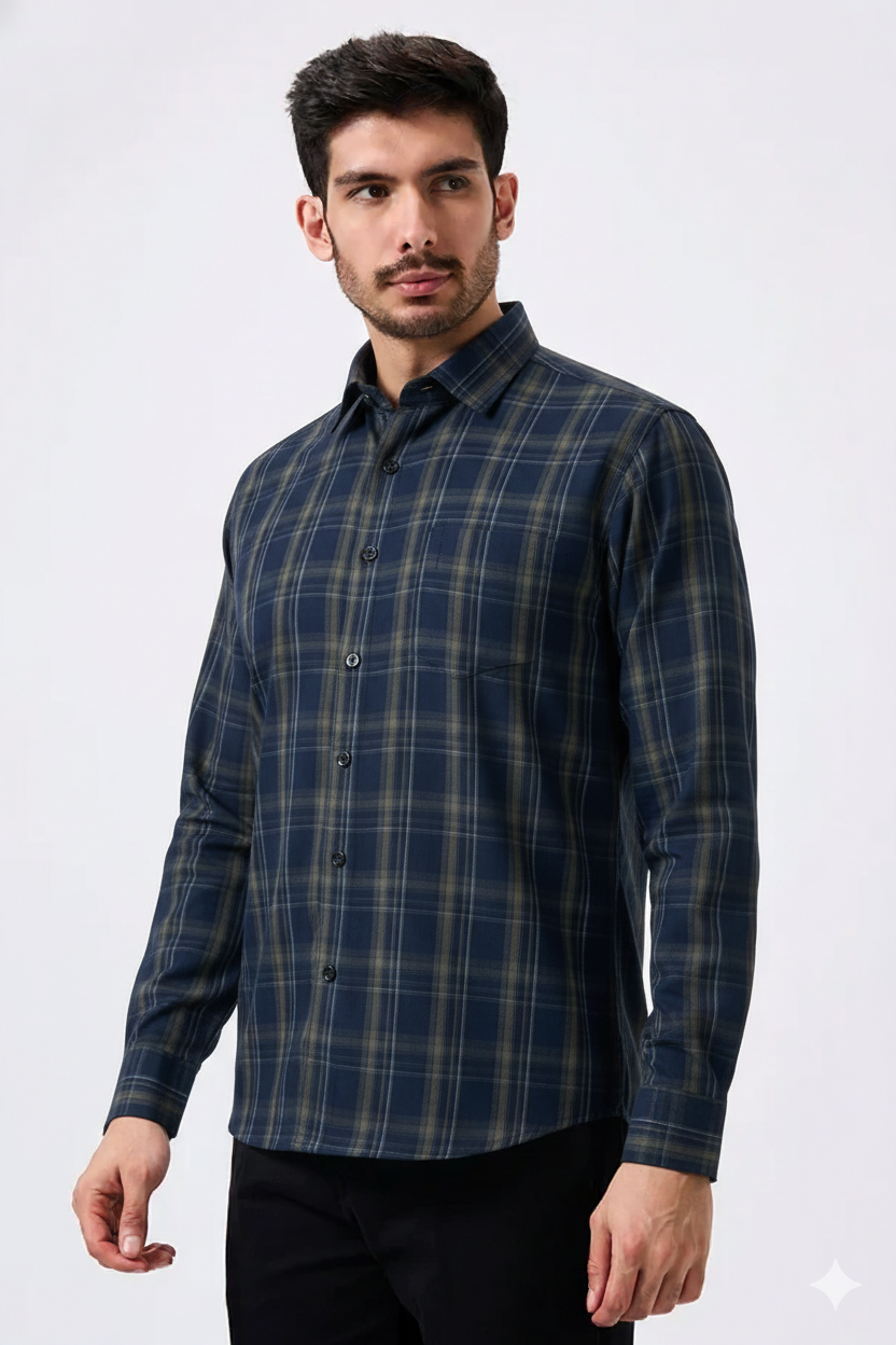 Flex Cotton Blue Color Classic Grid Check Men Shirt