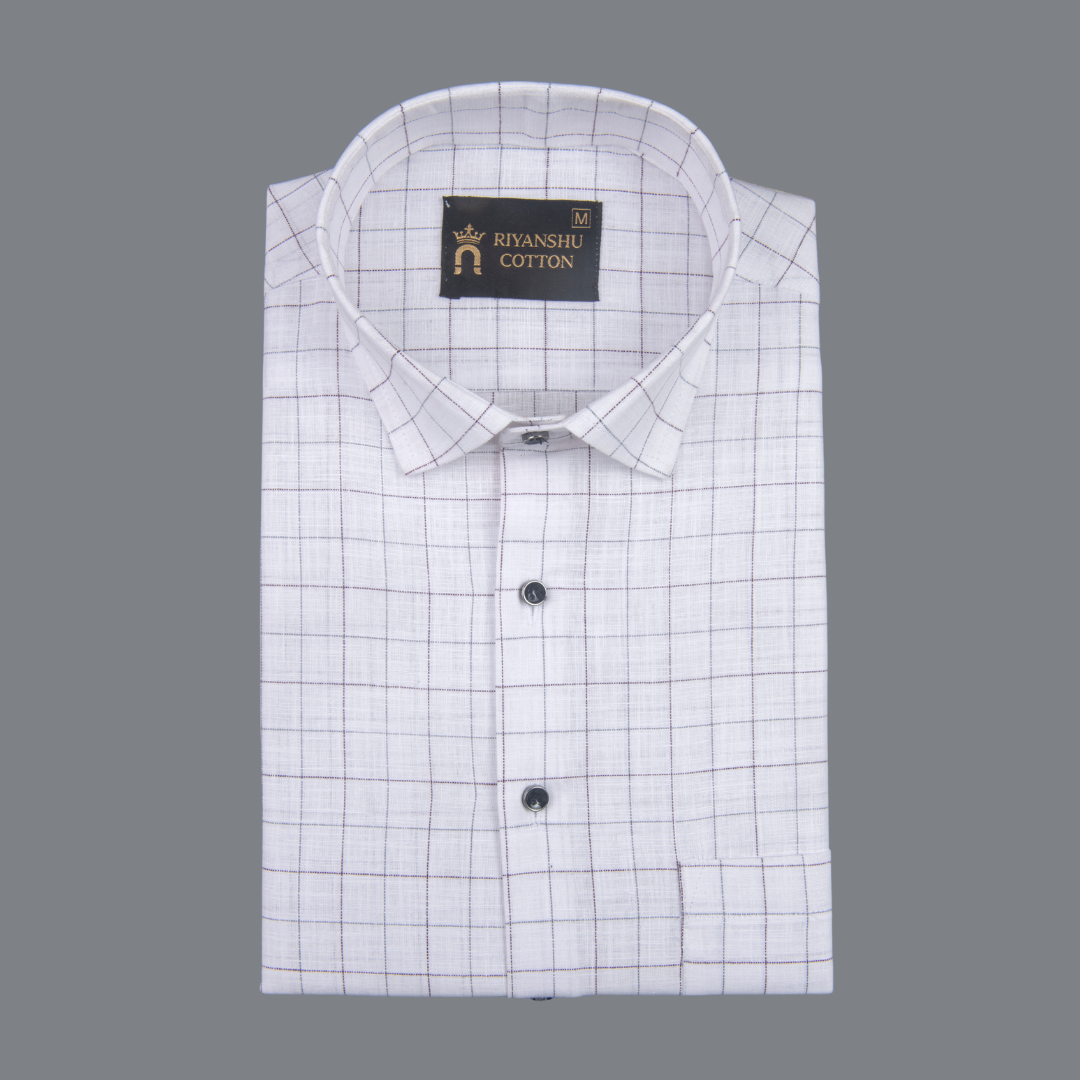 Cotton White Shirt with Wine & Grey Checks Men Shirt