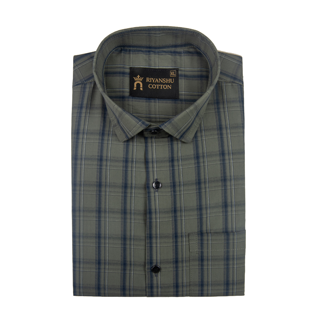 Flex Cotton Mehndi Green Color Classic Grid Check Men Shirt