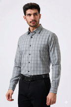 Flex Cotton Steel Gray Color Classic Grid Check Men Shirt