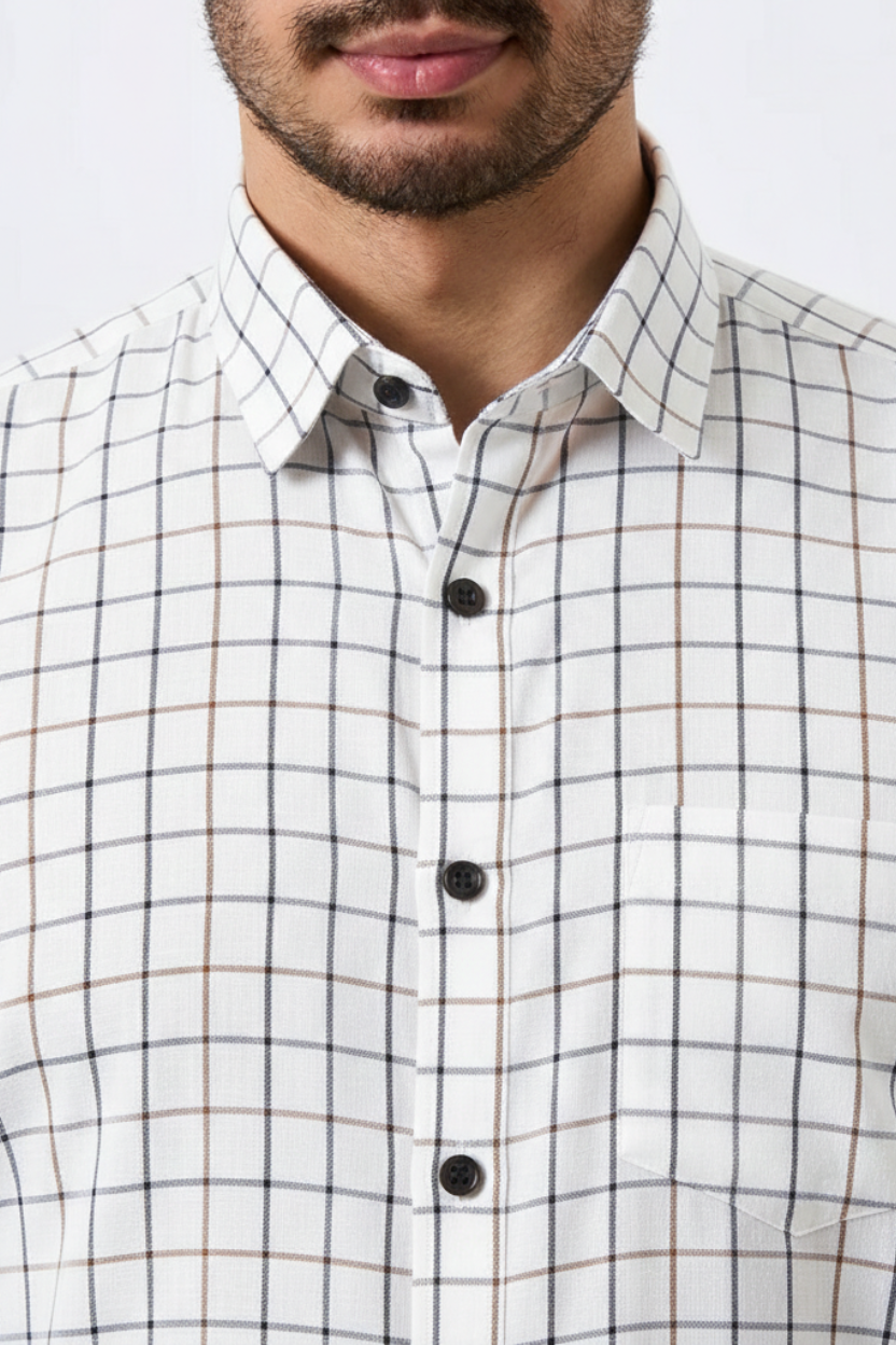 Flax Linen Cotton Navy & Rust Checks Men Shirt