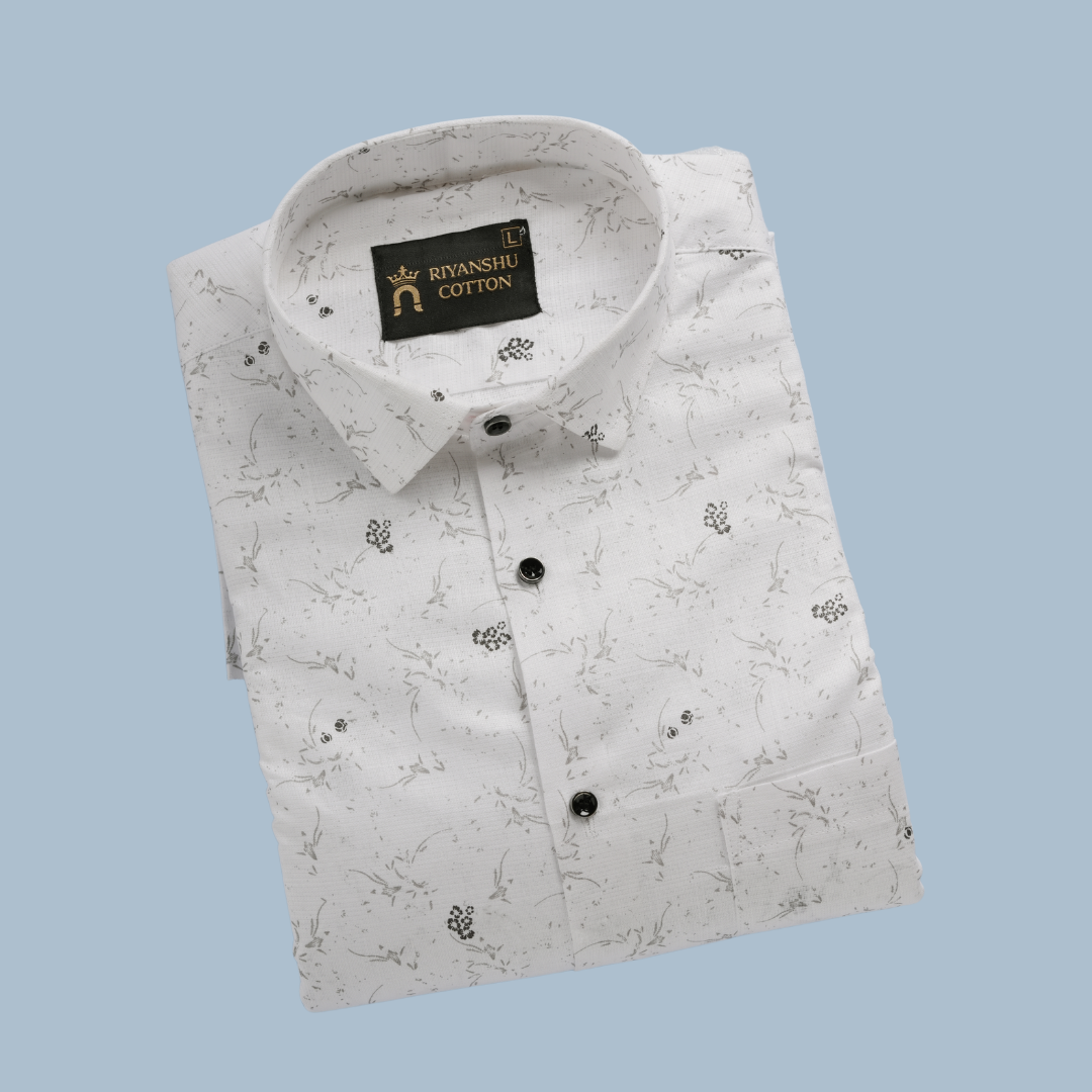 Flax Linen Cotton Micro Floral Gray Print Men Shirt