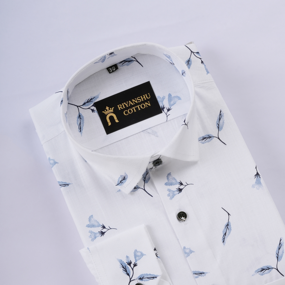 Flax Linen Cotton Blue leaf Print Men Shirt