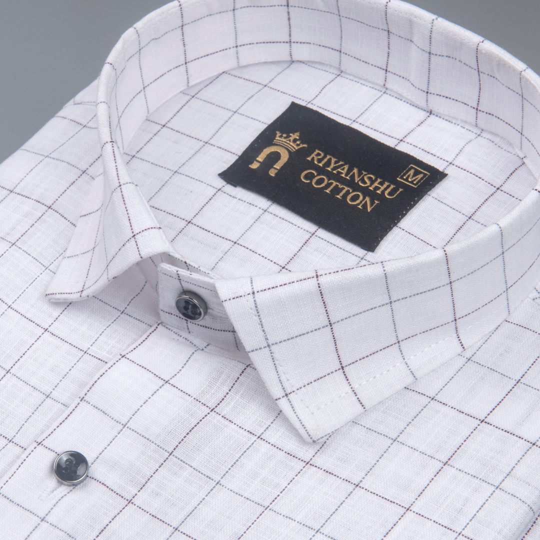 Cotton White Shirt with Wine & Grey Checks Men Shirt