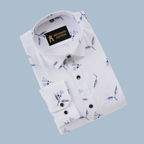 Flax Linen Cotton Blue leaf Print Men Shirt