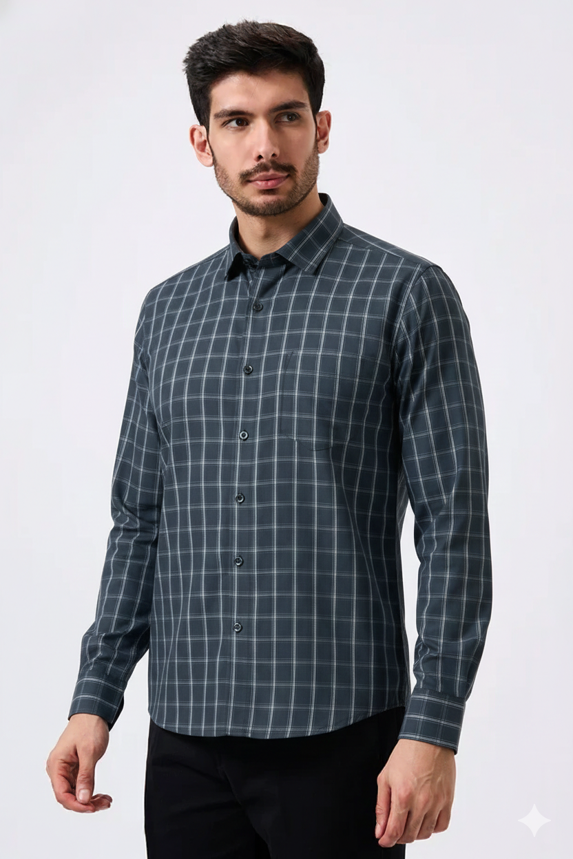 Flex Cotton Gray Color Classic Grid Check Men Shirt