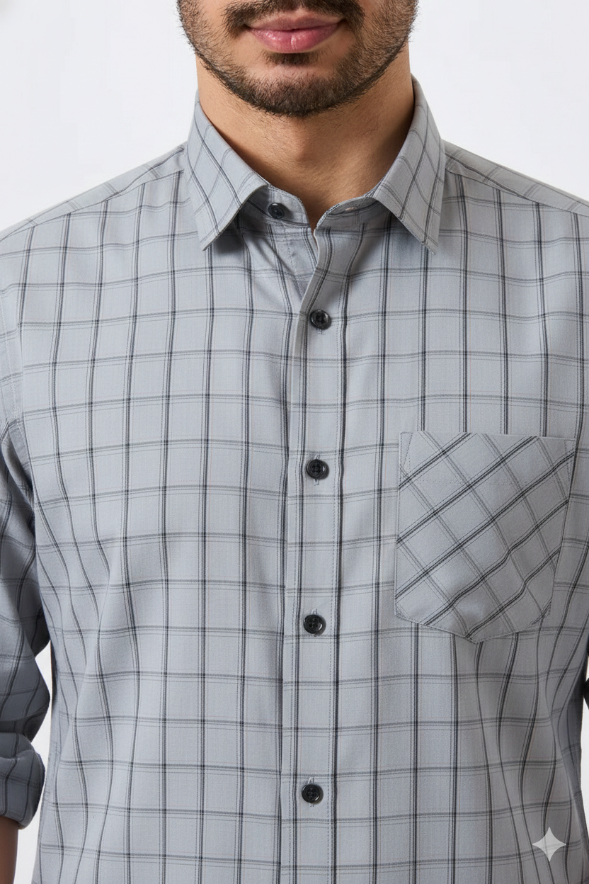 Flex Cotton Steel Gray Color Classic Grid Check Men Shirt