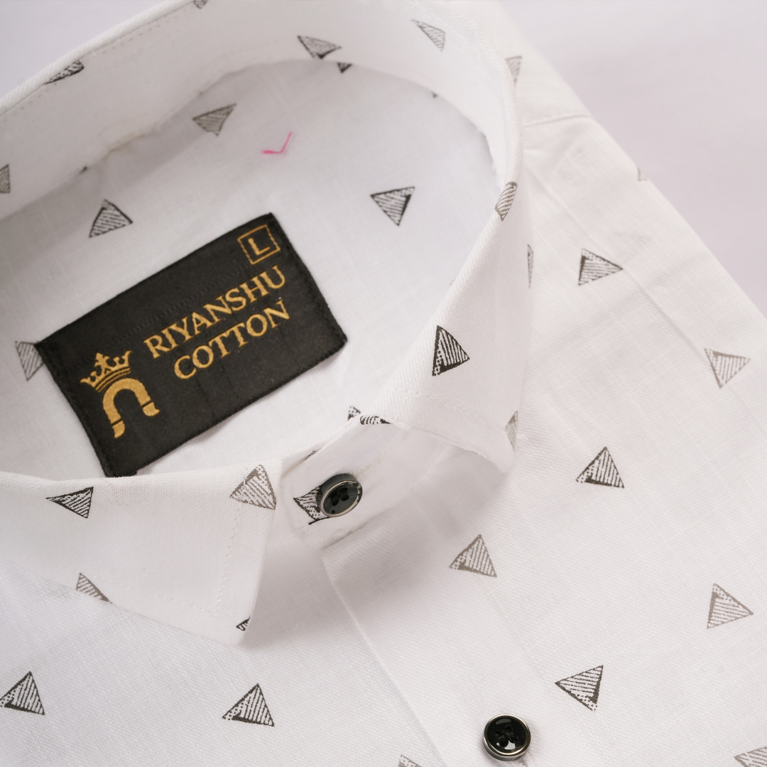 Flax Linen Cotton Gray Triangle Print Men Shirt