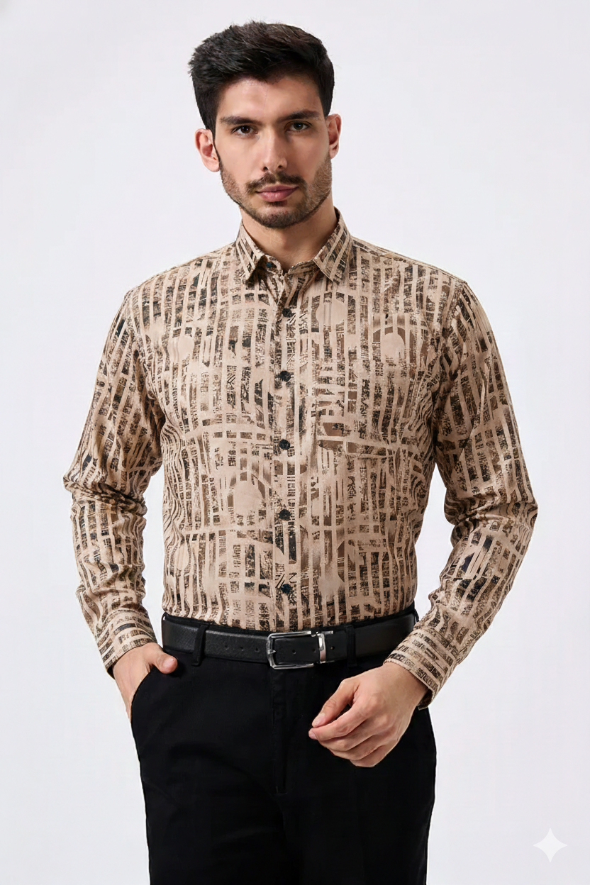 Cotton Cream Color Lining Brush Stroke Print Men Shirt