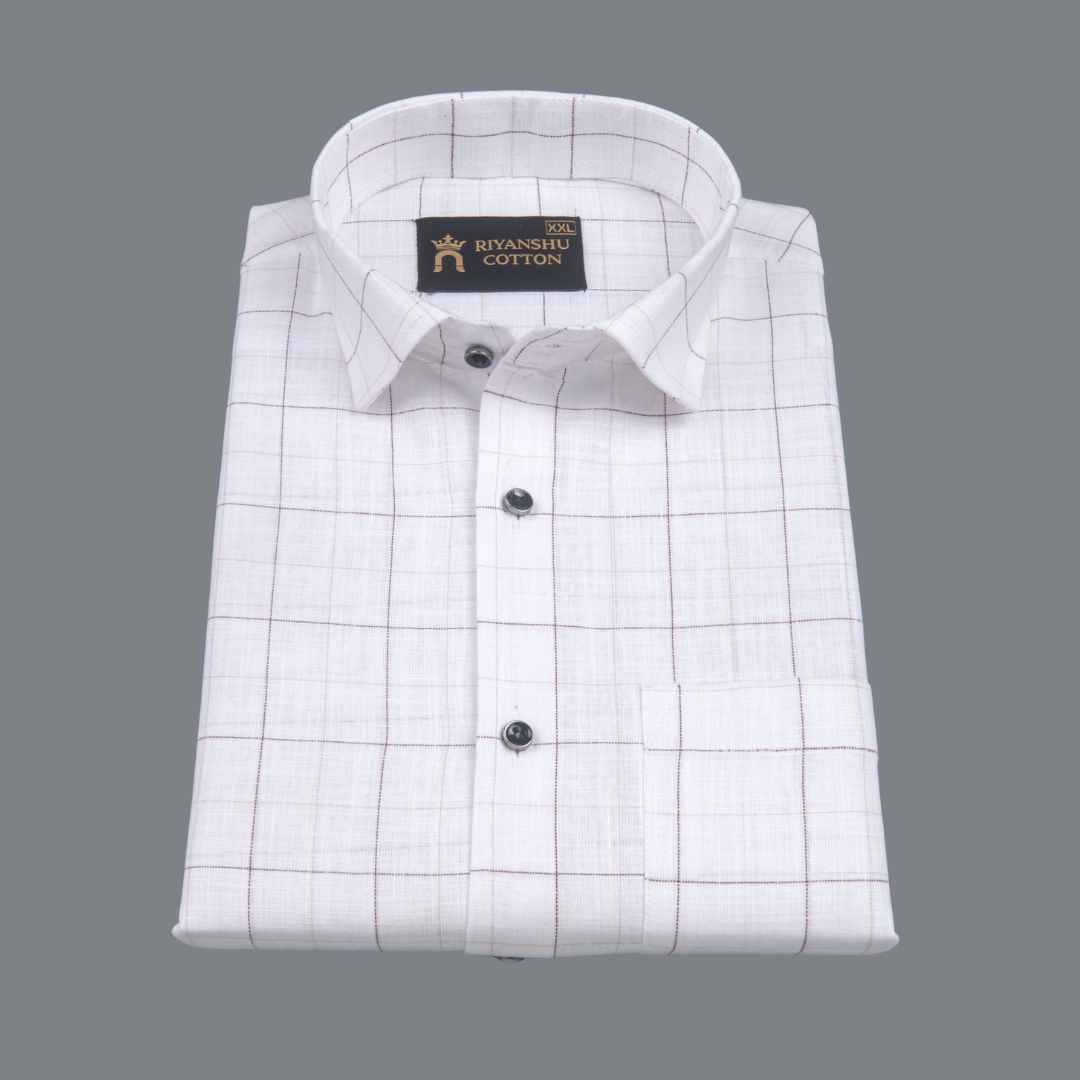 Cotton White Shirt with Wine & Beige Checks Men Shirt