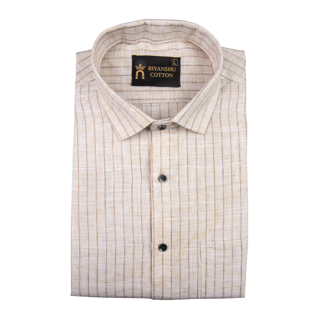 Flex Cotton Linen Beige Stripe Men Shirt
