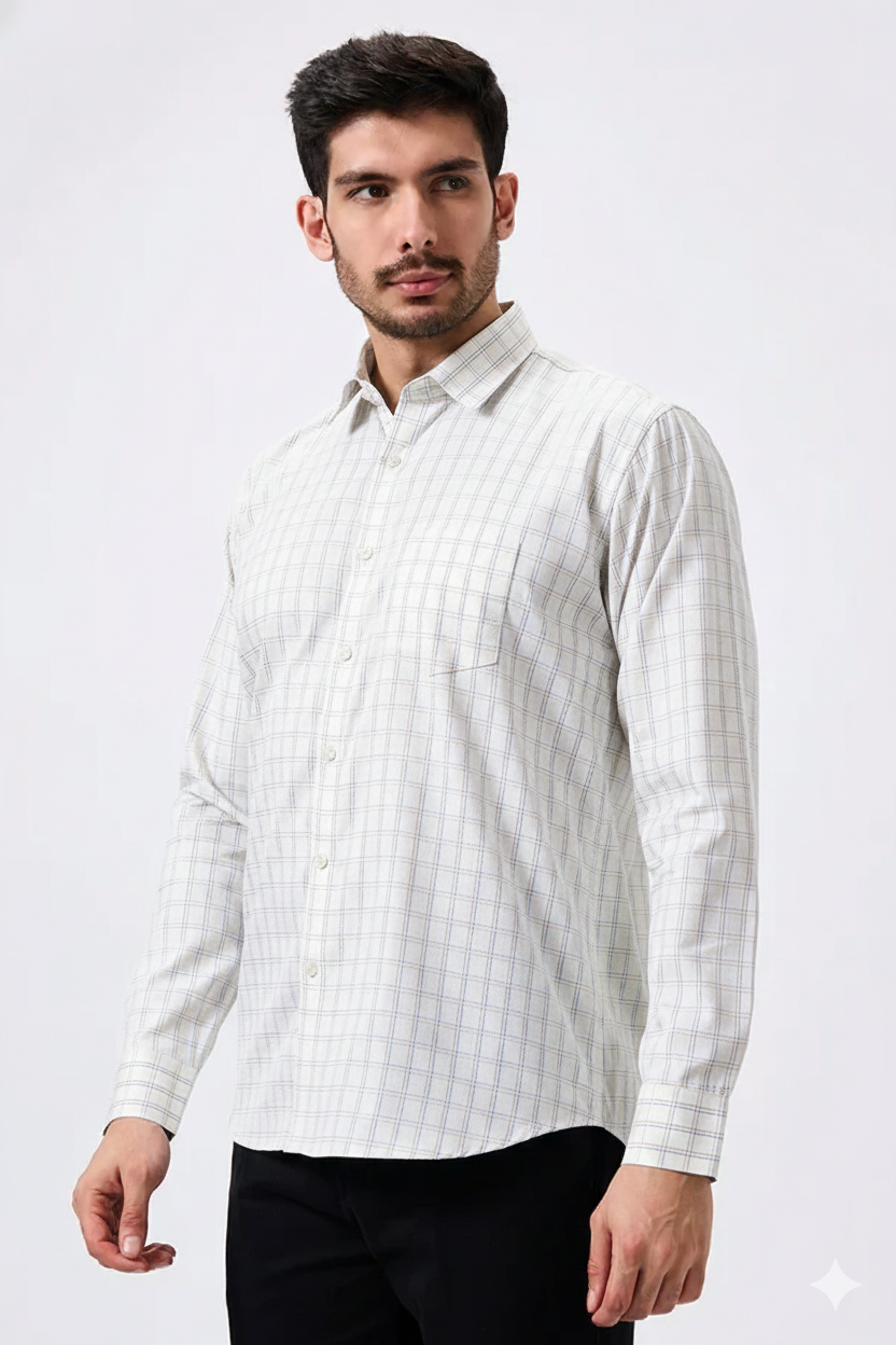 Flax Linen Cotton Navy & Rust Checks Men Shirt