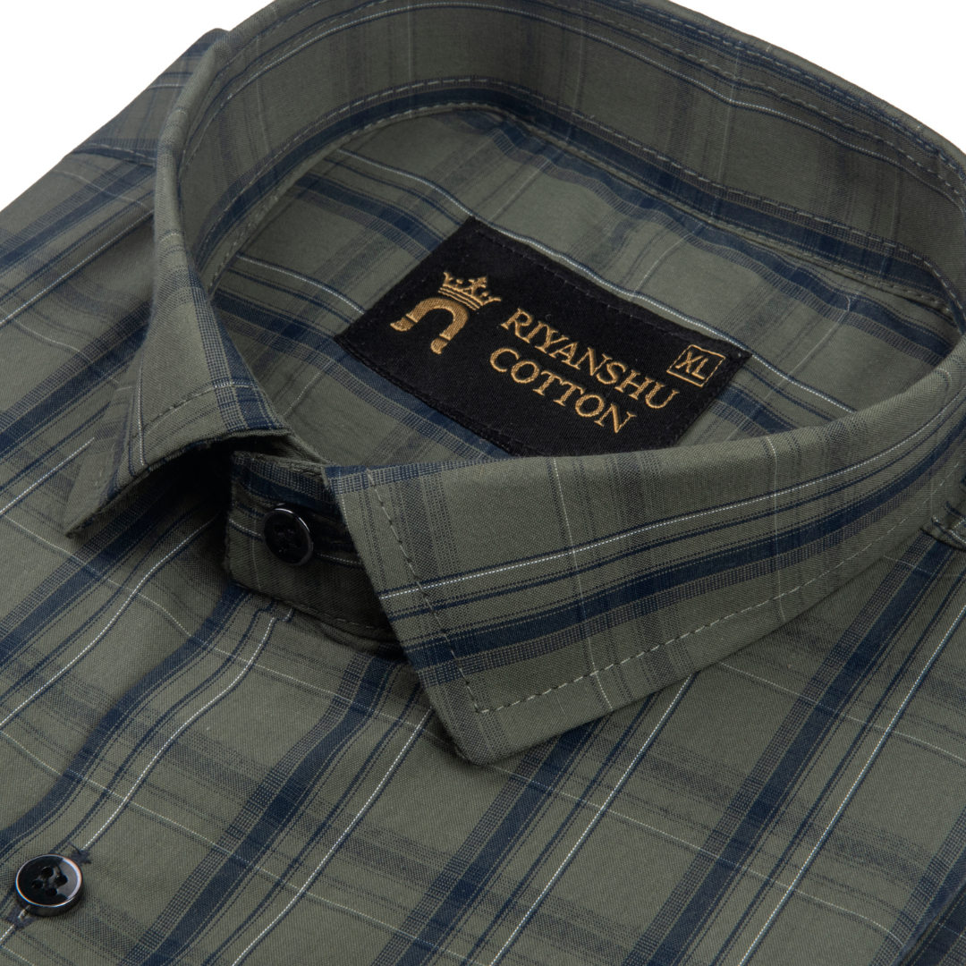 Flex Cotton Mehndi Green Color Classic Grid Check Men Shirt