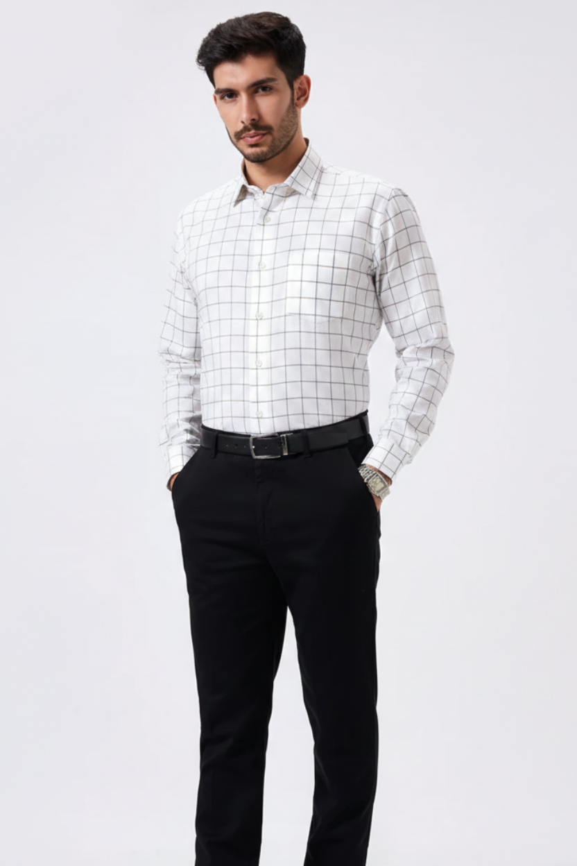 Flax Linen Cotton Navy & Rust Checks Men Shirt