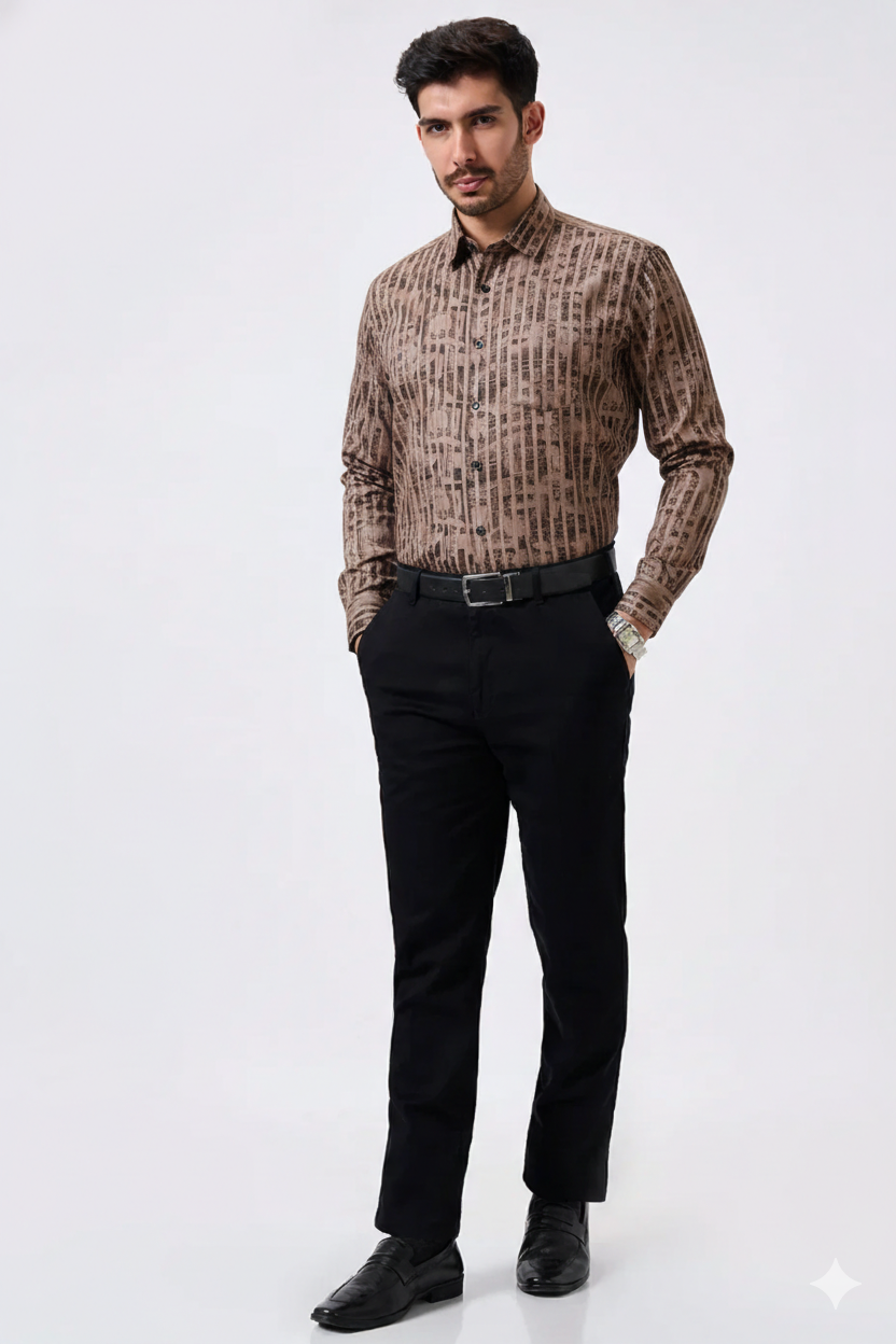 Cotton Brown Color Lining Brush Stroke Print Men Shirt