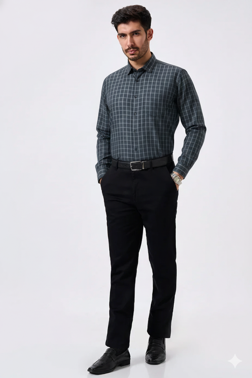 Flex Cotton Gray Color Classic Grid Check Men Shirt